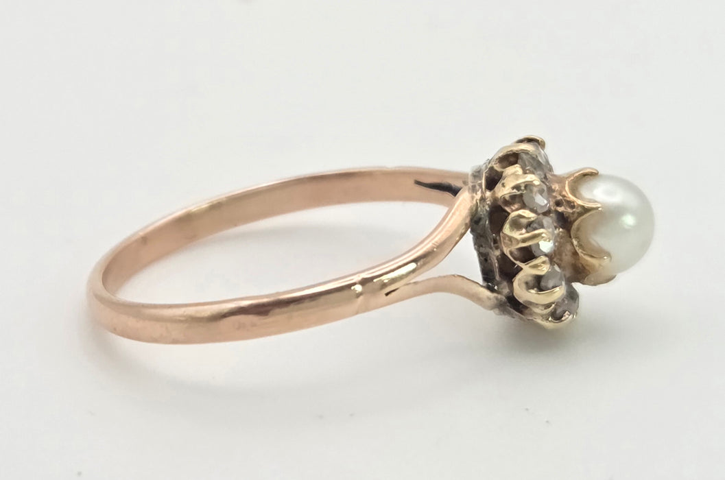 6445 Antique: 9ct Rose Gold Cultured Pearl 11 Natural Diamonds Dress Ring