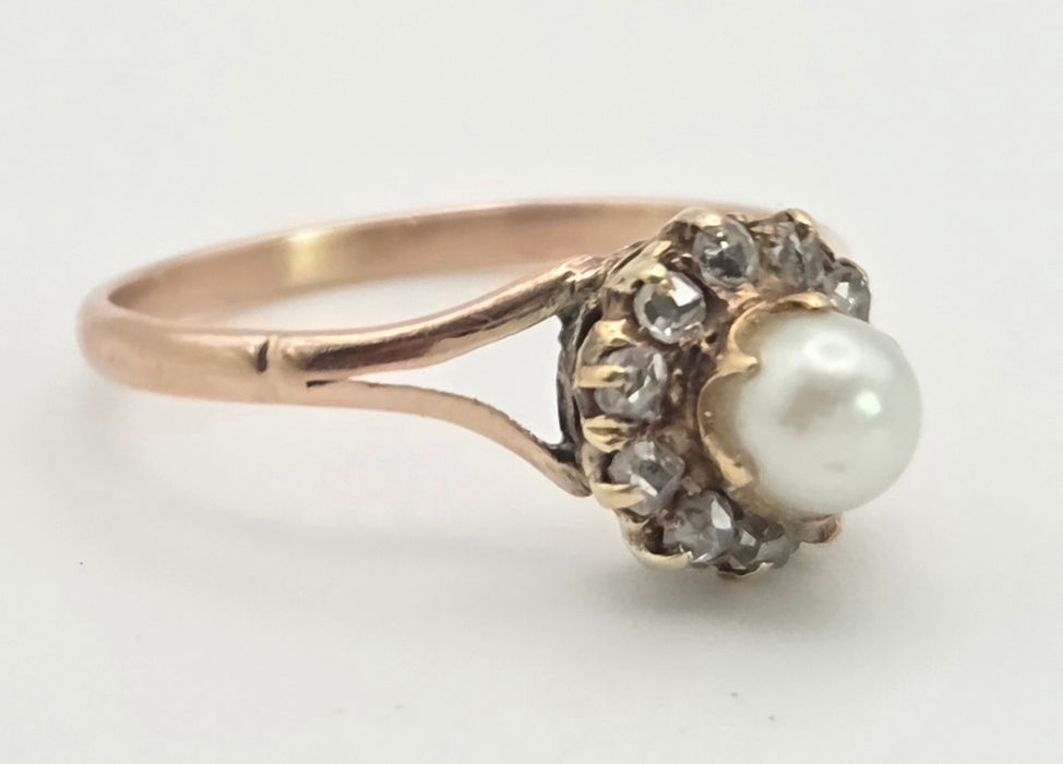 6445 Antique: 9ct Rose Gold Cultured Pearl 11 Natural Diamonds Dress Ring