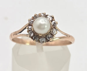 Antique: 9ct Rose Gold Cultured Pearl 11 Natural Diamonds Dress Ring