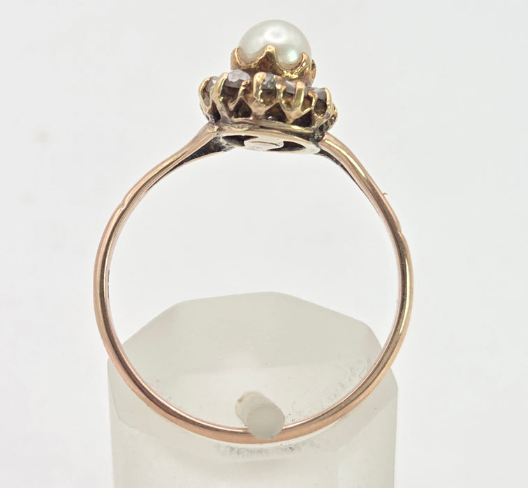 6445 Antique: 9ct Rose Gold Cultured Pearl 11 Natural Diamonds Dress Ring