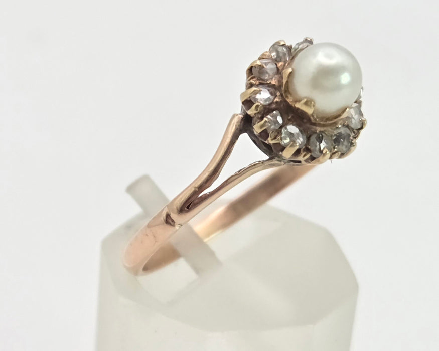 6445 Antique: 9ct Rose Gold Cultured Pearl 11 Natural Diamonds Dress Ring