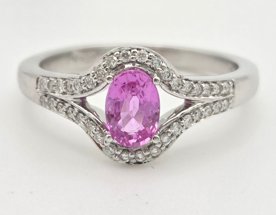 6447 Vintage: 18ct White Gold Pink Sapphire 36 Sparkling Natural Diamonds Dress Ring