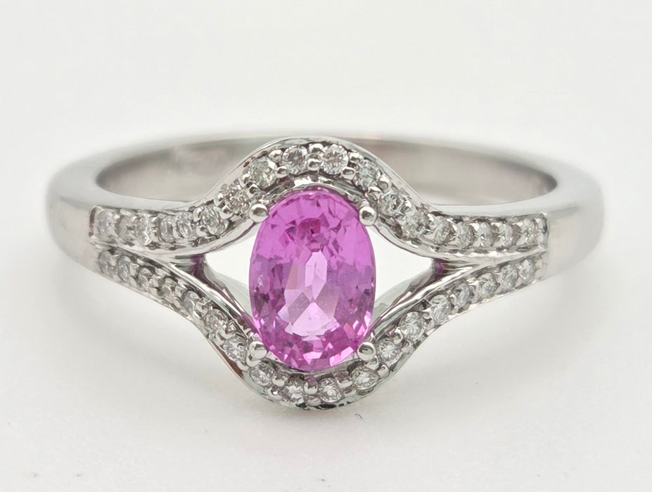 6447 Vintage: 18ct White Gold Pink Sapphire 36 Sparkling Natural Diamonds Dress Ring