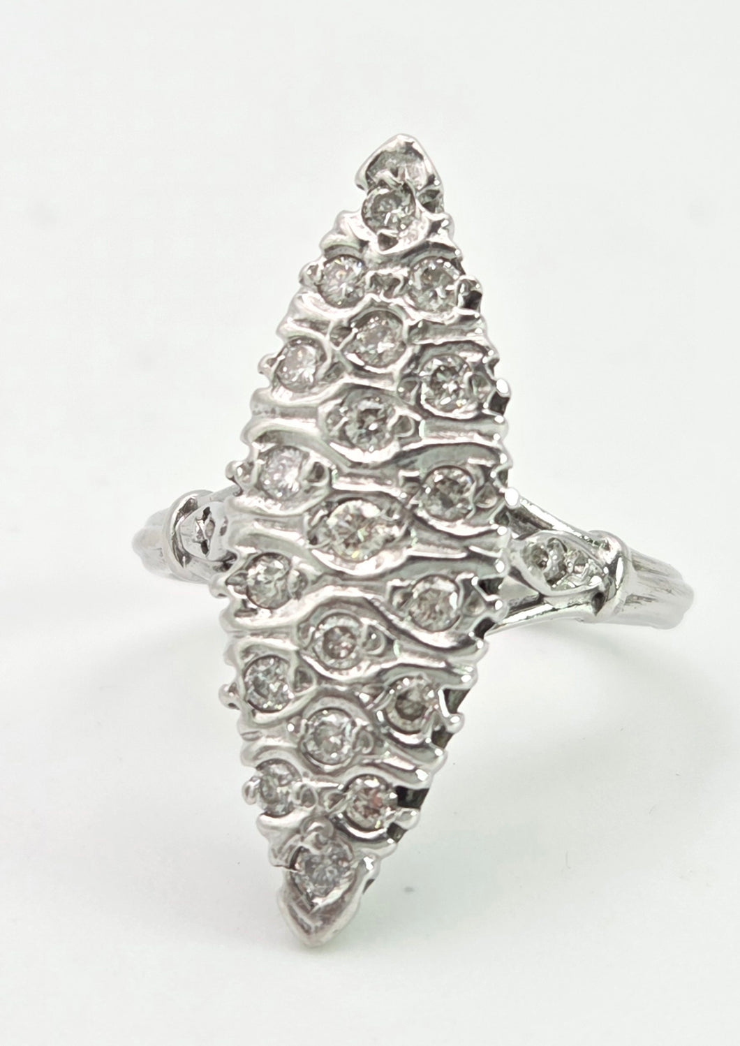 Vintage: 18ct White Gold Art Deco 12 Natural Diamonds {0.61ct} Navette Set  Ring