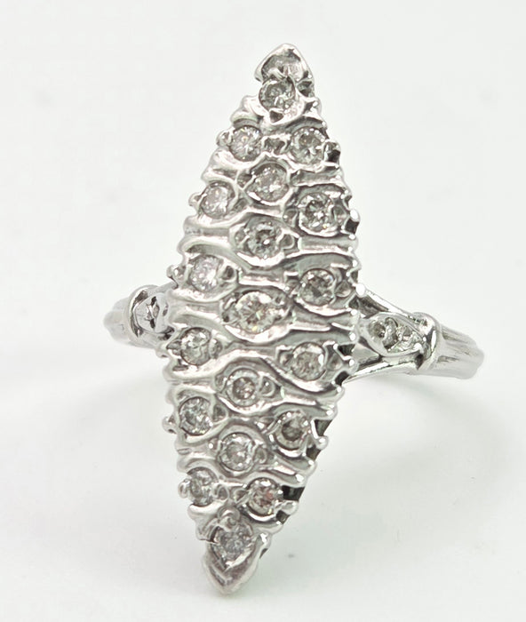 Vintage: 18ct White Gold Art Deco 12 Natural Diamonds {0.61ct} Navette Set  Ring