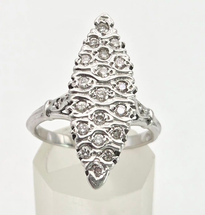 Vintage: 18ct White Gold Art Deco 12 Natural Diamonds {0.61ct} Navette Set  Ring