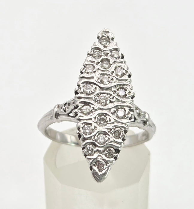 Vintage: 18ct White Gold Art Deco 12 Natural Diamonds {0.61ct} Navette Set  Ring