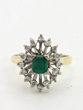 Load image into Gallery viewer, 2032: Vintage: 18ct Gold Emerald Diamonds Openwork Marquise Cluster Ring
