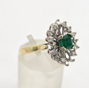 2032: Vintage: 18ct Gold Emerald Diamonds Openwork Marquise Cluster Ring
