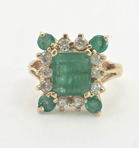 2085: Vintage; 14ct Gold Emeralds Diamonds Geometric Set Cocktail Ring- exquisite symmetry
