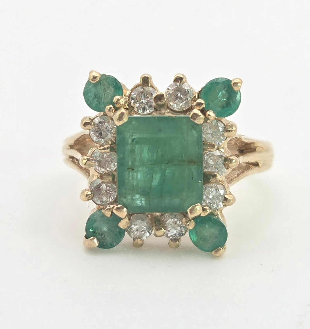 2085: Vintage; 14ct Gold Emeralds Diamonds Geometric Set Cocktail Ring- exquisite symmetry