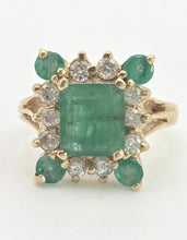 Load image into Gallery viewer, 2085: Vintage; 14ct Gold Emeralds Diamonds Geometric Set Cocktail Ring- exquisite symmetry
