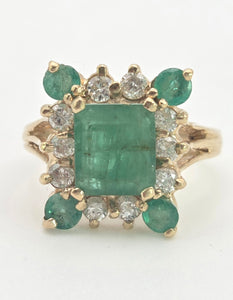 2085: Vintage; 14ct Gold Emeralds Diamonds Geometric Set Cocktail Ring- exquisite symmetry