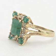 Load image into Gallery viewer, 2085: Vintage; 14ct Gold Emeralds Diamonds Geometric Set Cocktail Ring- exquisite symmetry
