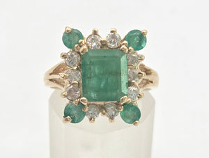 2085: Vintage; 14ct Gold Emeralds Diamonds Geometric Set Cocktail Ring- exquisite symmetry