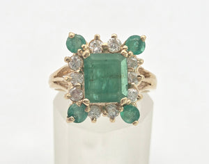 2085: Vintage; 14ct Gold Emeralds Diamonds Geometric Set Cocktail Ring- exquisite symmetry