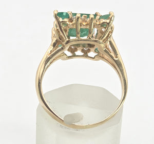 2085: Vintage; 14ct Gold Emeralds Diamonds Geometric Set Cocktail Ring- exquisite symmetry