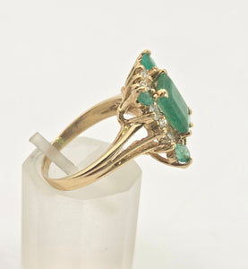 2085: Vintage; 14ct Gold Emeralds Diamonds Geometric Set Cocktail Ring- exquisite symmetry