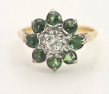 Load image into Gallery viewer, 2102:   Vintage; 18ct Gold Peridots Diamond Flower Head Ring- Sparkling beauty
