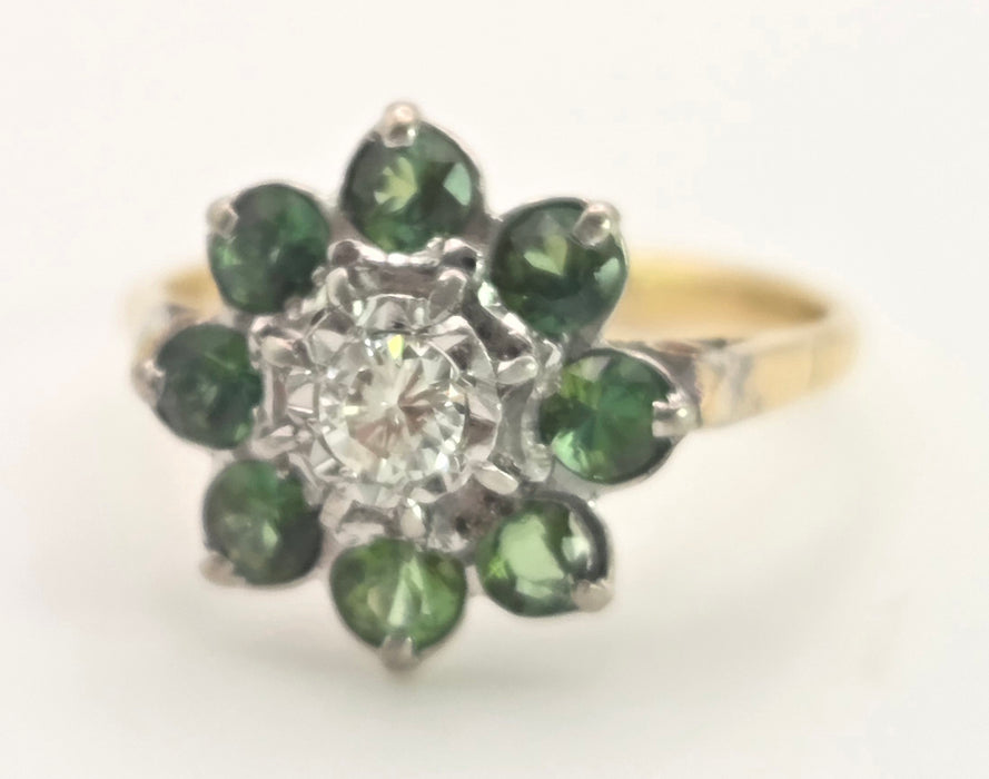 6453   Vintage; 18ct Gold Peridots Diamond Flower Head Ring- Sparkling beauty