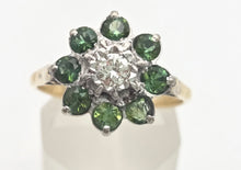Load image into Gallery viewer, 2102:   Vintage; 18ct Gold Peridots Diamond Flower Head Ring- Sparkling beauty
