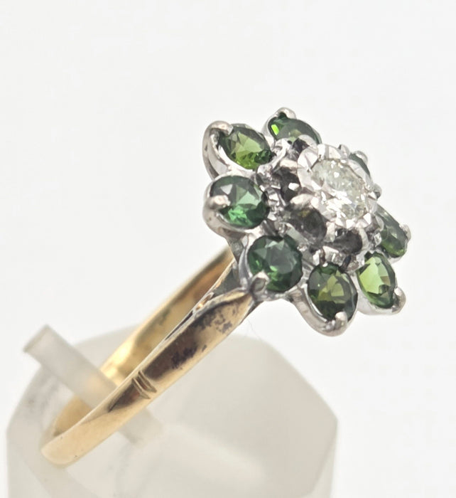 6453   Vintage; 18ct Gold Peridots Diamond Flower Head Ring- Sparkling beauty
