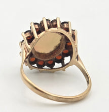 Cargar imagen en el visor de la galería, Vintage: Classic 9ct Gold White Opal 14 Red Garnets Flower Head Ring
