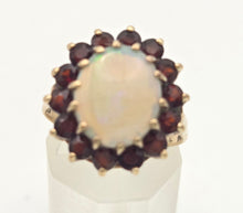 Cargar imagen en el visor de la galería, Vintage: Classic 9ct Gold White Opal 14 Red Garnets Flower Head Ring
