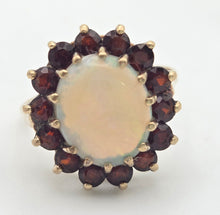 Cargar imagen en el visor de la galería, Vintage: Classic 9ct Gold White Opal 14 Red Garnets Flower Head Ring
