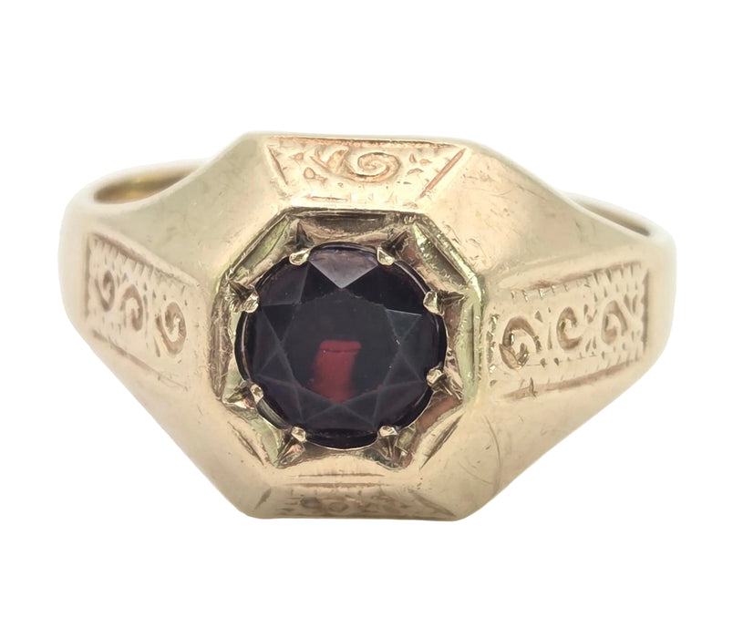 6474 Vintage: Heavy 9ct Gold Red Garnet Signet Ring- From 1972
