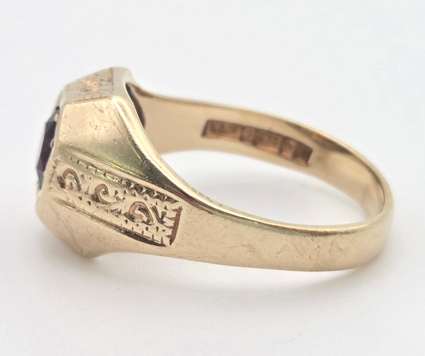 6474 Vintage: Heavy 9ct Gold Red Garnet Signet Ring- From 1972
