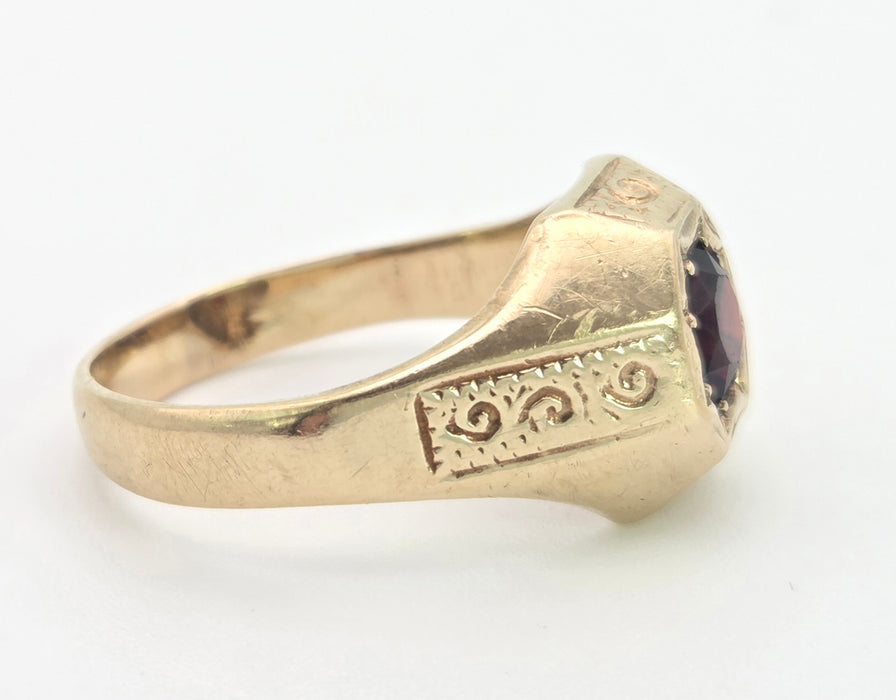 6474 Vintage: Heavy 9ct Gold Red Garnet Signet Ring- From 1972