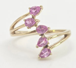 2349: Vintage; 9ct Gold Abstract Pink Sapphires Statement Ring- LUSH