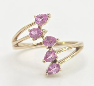 2349: Vintage; 9ct Gold Abstract Pink Sapphires Statement Ring- LUSH
