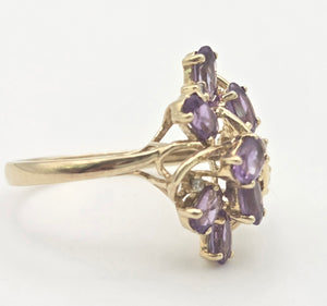Vintage: 9ct Gold Lilac Amethysts Diamonds Floral Cluster Cocktail Ring