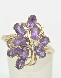Vintage: 9ct Gold Lilac Amethysts Diamonds Floral Cluster Cocktail Ring