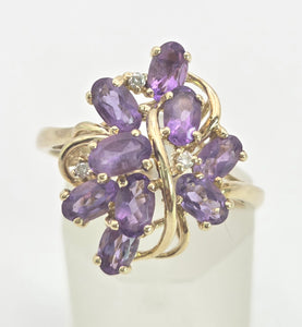 Vintage: 9ct Gold Lilac Amethysts Diamonds Floral Cluster Cocktail Ring