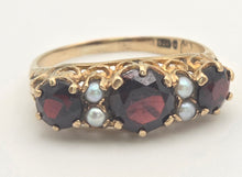 Load image into Gallery viewer, 2351: Vintage/Antique: 9ct Gold Rich Red Garnet Seed Pearls Half-Hoop Ring
