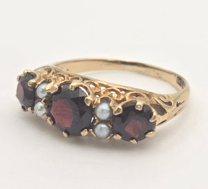 2351: Vintage/Antique: 9ct Gold Rich Red Garnet Seed Pearls Half-Hoop Ring