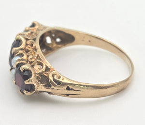 2351: Vintage/Antique: 9ct Gold Rich Red Garnet Seed Pearls Half-Hoop Ring