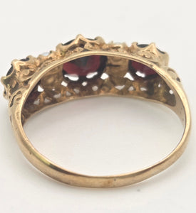 2351: Vintage/Antique: 9ct Gold Rich Red Garnet Seed Pearls Half-Hoop Ring