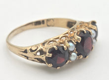 Load image into Gallery viewer, 2351: Vintage/Antique: 9ct Gold Rich Red Garnet Seed Pearls Half-Hoop Ring
