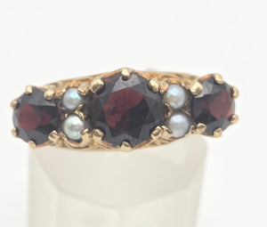 2351: Vintage/Antique: 9ct Gold Rich Red Garnet Seed Pearls Half-Hoop Ring