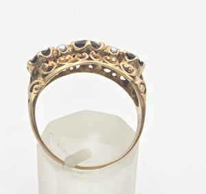2351: Vintage/Antique: 9ct Gold Rich Red Garnet Seed Pearls Half-Hoop Ring