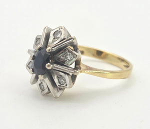 Vintage: 18ct Gold Blue Sapphire Diamonds Flower Head Ring - From 1977