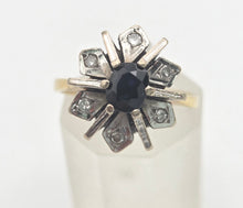 Load image into Gallery viewer, Vintage: 18ct Gold Blue Sapphire Diamonds Flower Head Ring - From 1977
