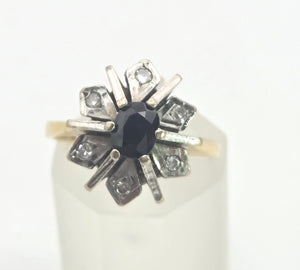 Vintage: 18ct Gold Blue Sapphire Diamonds Flower Head Ring - From 1977