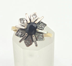Vintage: 18ct Gold Blue Sapphire Diamonds Flower Head Ring - From 1977