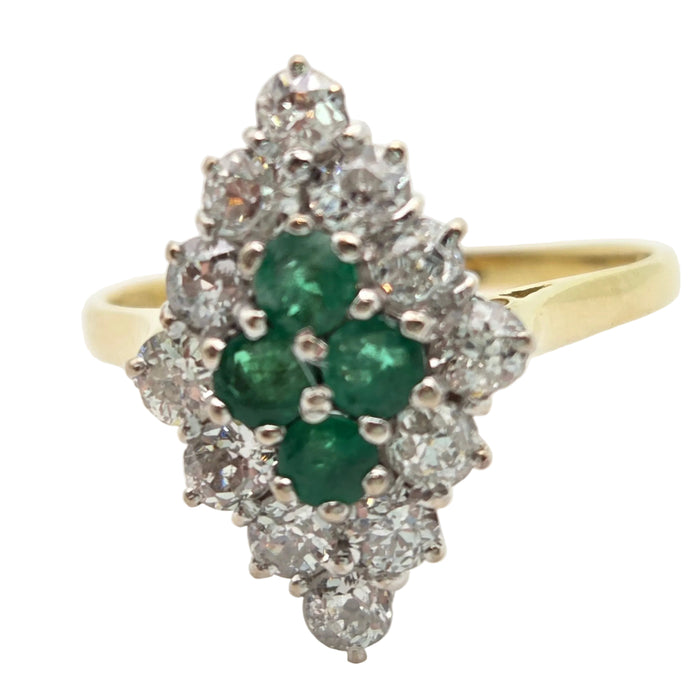 2318: Vintage: 18ct Gold Emeralds Diamonds Marquise Set Art Deco Style Ring- From 1977