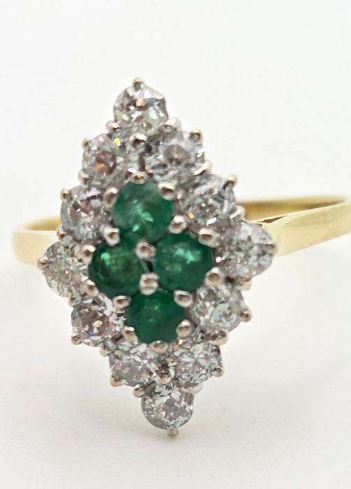 2318: Vintage: 18ct Gold Emeralds Diamonds Marquise Set Art Deco Style Ring- From 1977